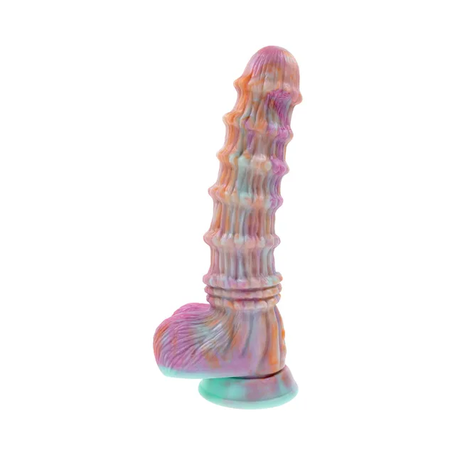 Right three-quarter view of Evolved Fantasy rainbow dildo
