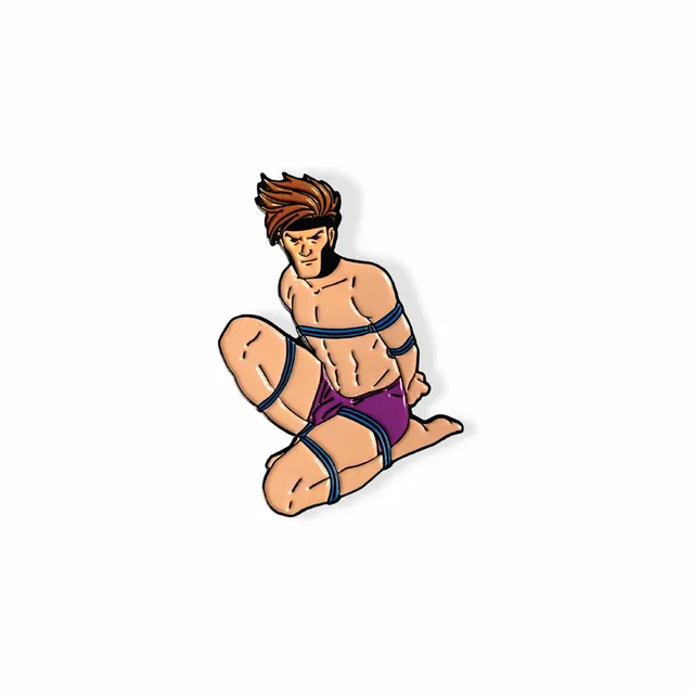 Geeky and Kinky The Thief enamel pin with brown hair, pink briefs and blue rope