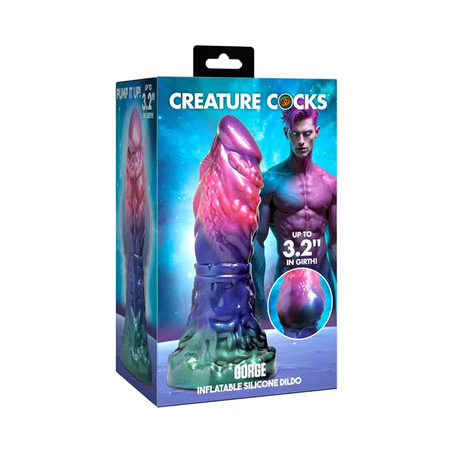 XR Brands Creature Cocks Gorge inflatable silicone dildo retail box with purple, blue and green dildo pictured