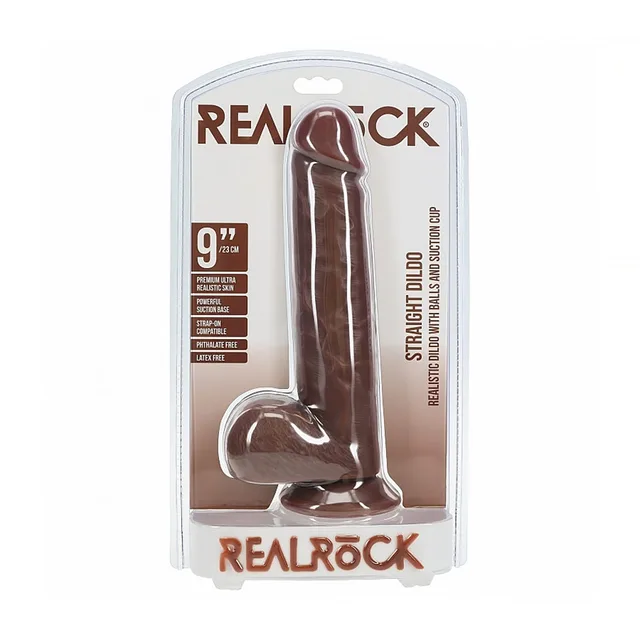 RealRock 9-inch straight brown dildo with balls in retail pack