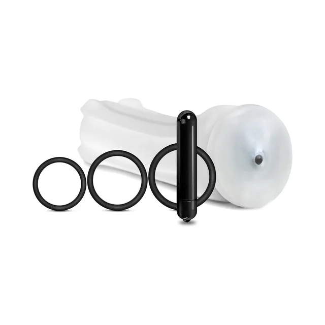Clear round-opening sleeve beside black bullet and three rings