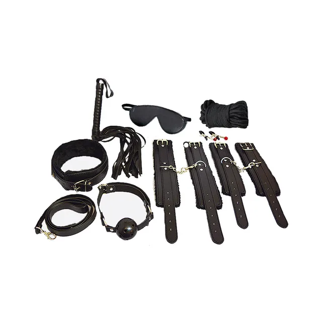 Black bondage accessory kit arranged as a full set