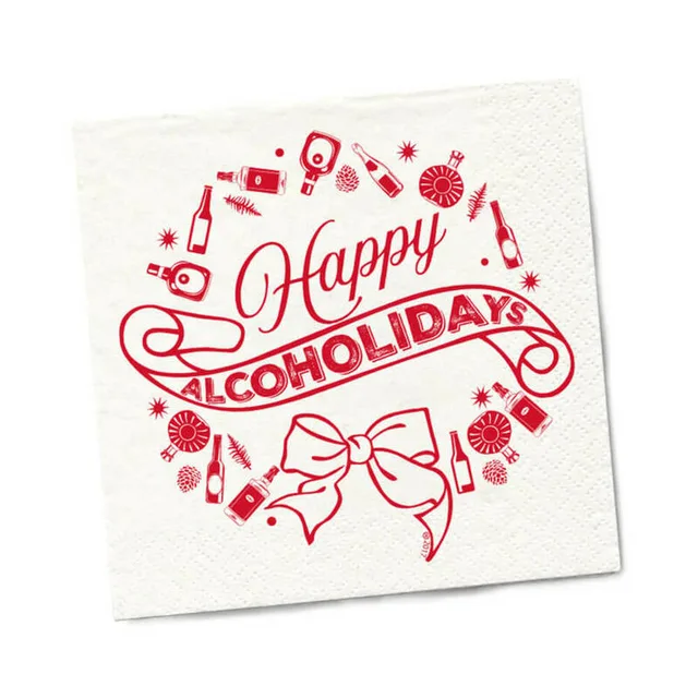 white napkin with red Happy Alcoholidays lettering and ribbon graphic