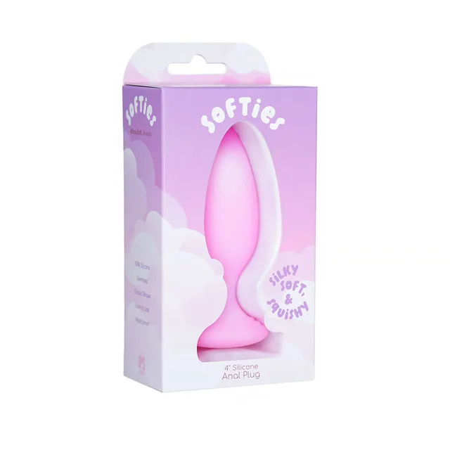 BMS Softies Dual Layer Butt Plug in pink inside a pink and white window retail box