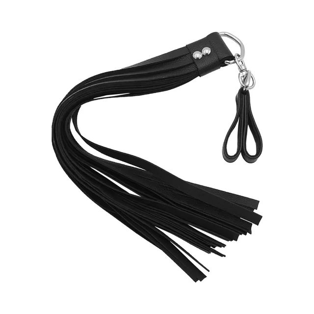 Rouge black leather two-finger flogger curved view with falls gathered below handle