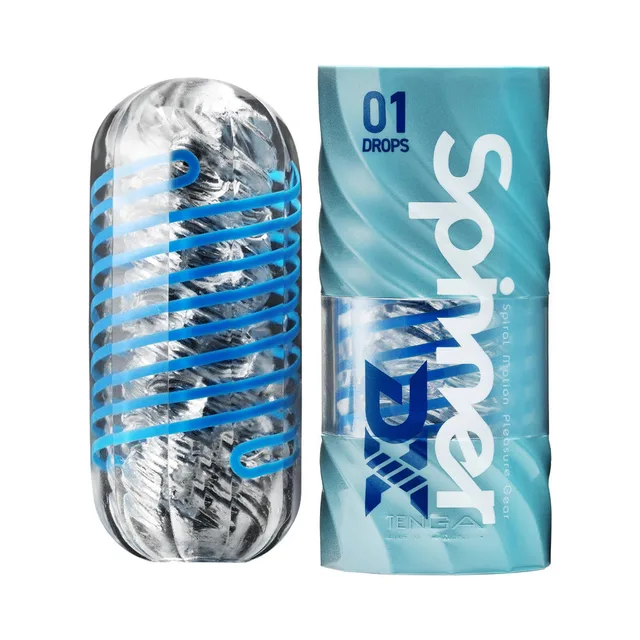 TENGA Spinner DX 01 Drops clear sleeve with blue spiral frame and retail wrap