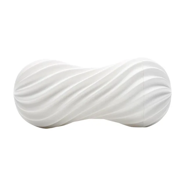 Tenga Flex Silky White stroker horizontal hourglass shape with raised white spiral ribs and rounded ends