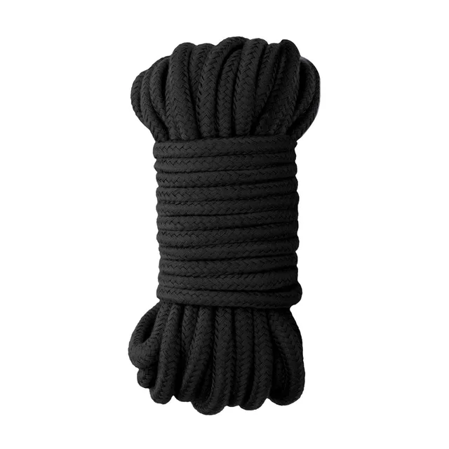 Black 10 meter braided rope bundled in a compact coil