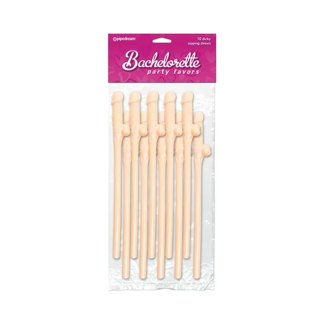 Ten beige Pipedream novelty sipping straws in pink retail package