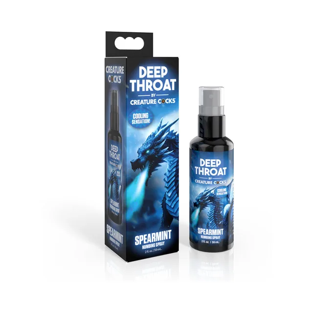 Creature Cocks Deep Throat Spearmint 1 oz pump bottle beside blue dragon retail box