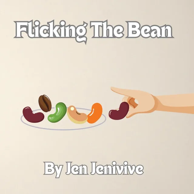 Front cover of Flicking the Bean adult humor book with a pointing hand and a row of colorful bean shapes