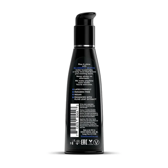 Back of Wicked Aqua Blueberry Muffin 4 oz bottle with ingredient panel