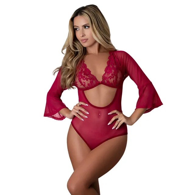 Front view of Cherry Black Cherry lace playsuit in L/XL