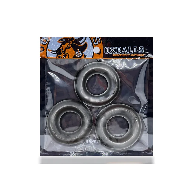 Three OxBalls Fat Willy Steel jumbo cock rings in clear retail pouch