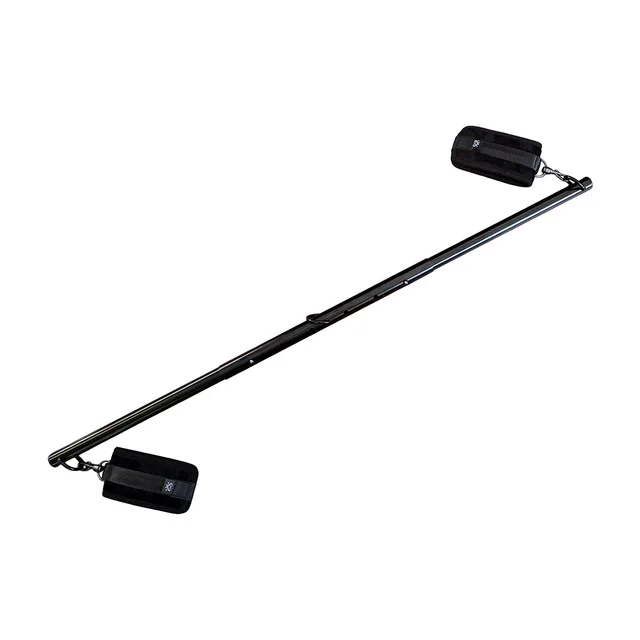 Black telescoping spreader bar with padded cuffs and metal clips