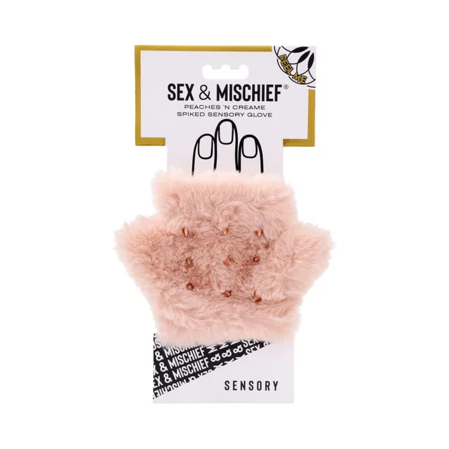 Pink Peaches 'n Cream spiked sensory glove on branded hanger