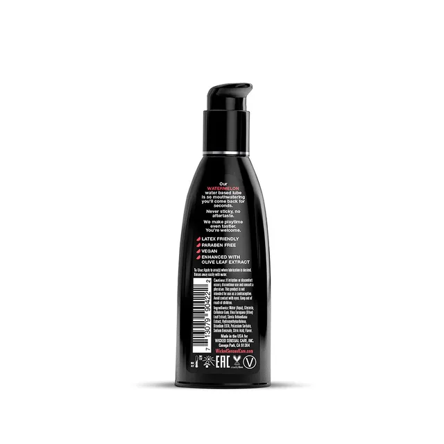 Back of Wicked Aqua Watermelon 2 oz bottle with pink ingredient text