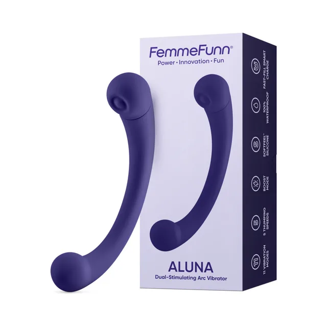Dark-purple FemmeFunn Aluna dual-ended vibrator with retail box