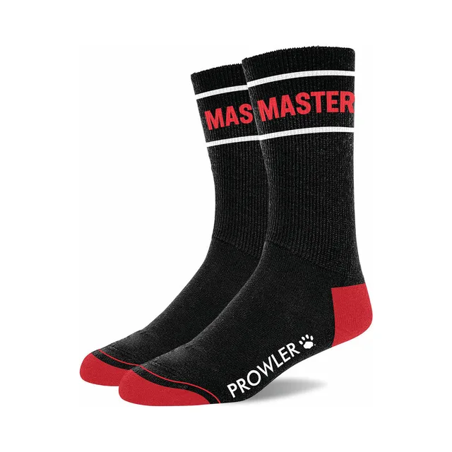 Prowler RED Master black cotton crew socks pair with red MASTER cuff lettering red heels and red toes