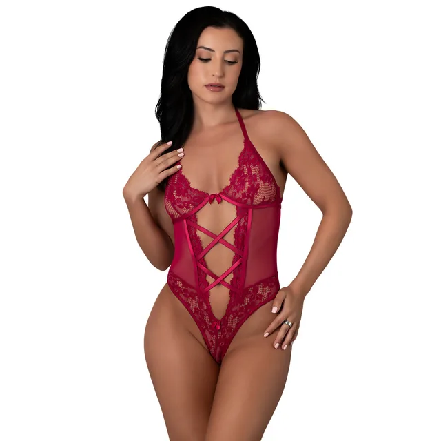 Alternate front view of Cherry halter teddy in S/M