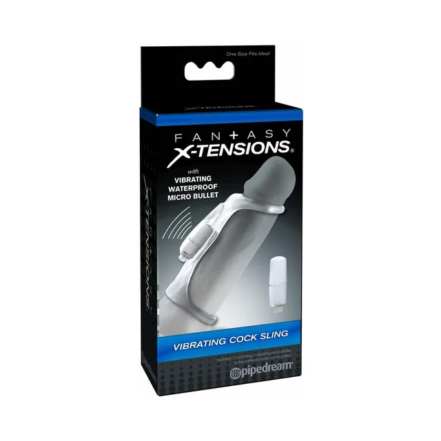 Fantasy X-tensions Vibrating Cock Sling black retail box with sling and bullet graphic