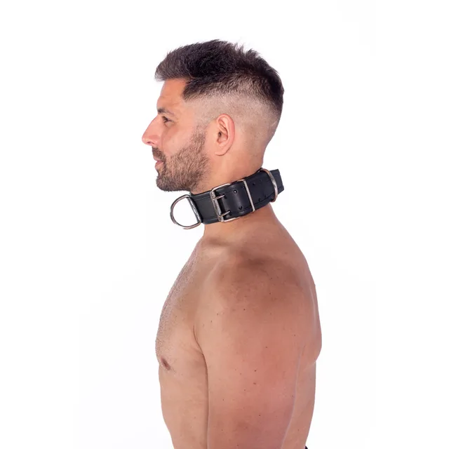 Side view of Prowler RED S/M leather collar with buckle and front ring