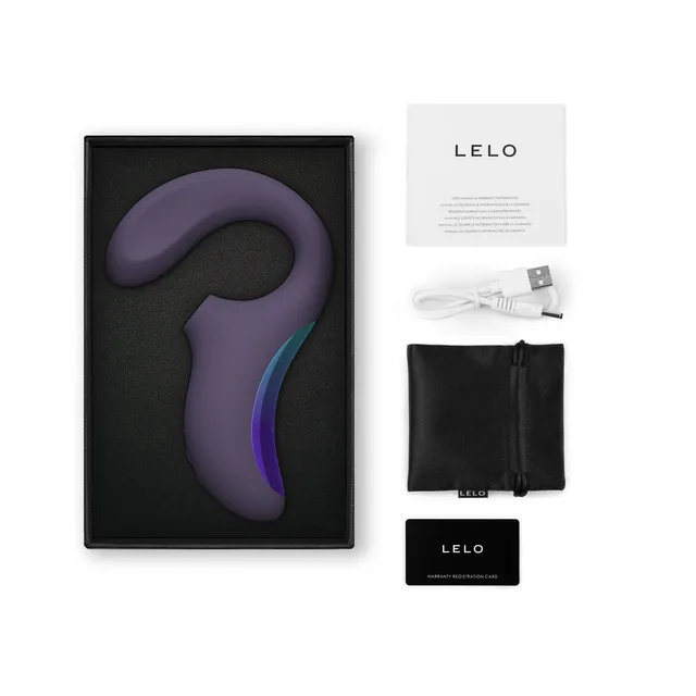 cyber purple LELO Enigma Wave in open black box with cable and storage pouch