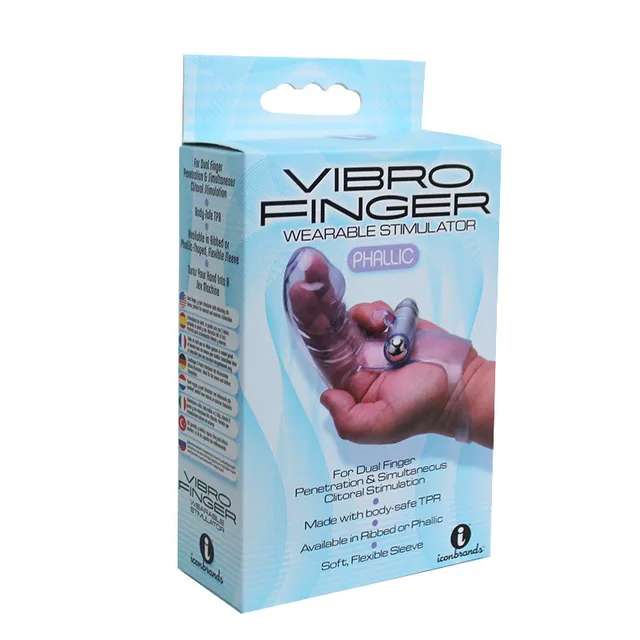Icon Brands VibroFinger massager blue retail box with hand illustration and phallic sleeve inside