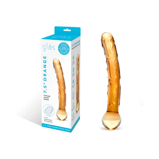 Glas Orange Tickler glass dildo beside turquoise retail box