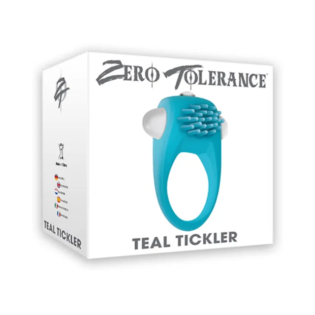 Zero Tolerance Teal Tickler cock ring white retail box with teal oval ring and nubby front pad pictured