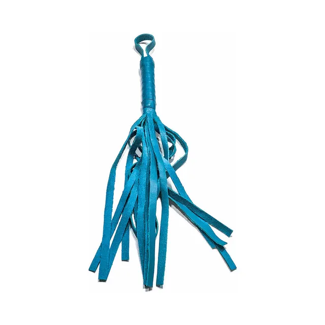 16-inch aqua leather flogger with wrapped handle, loop and teal tails