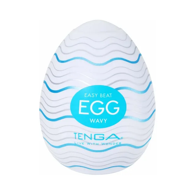White TENGA Egg Wavy package with pale-blue horizontal wave pattern