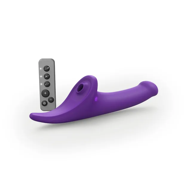 Angled view of purple Strap-On-Me dildo with six-button remote