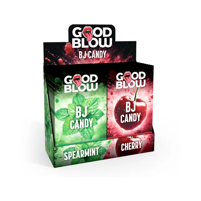 XR Brands Good Blow cherry and spearmint popping candy open carton viewed from the left front