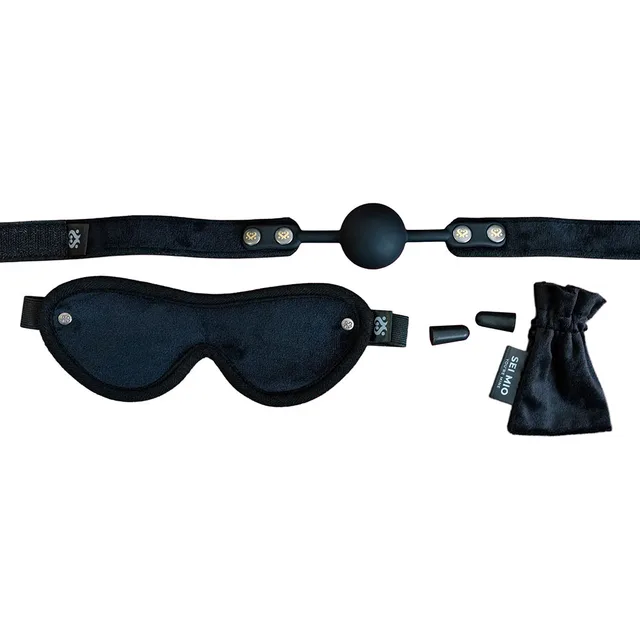 Black blindfold, round ball gag, earplugs and small storage pouch