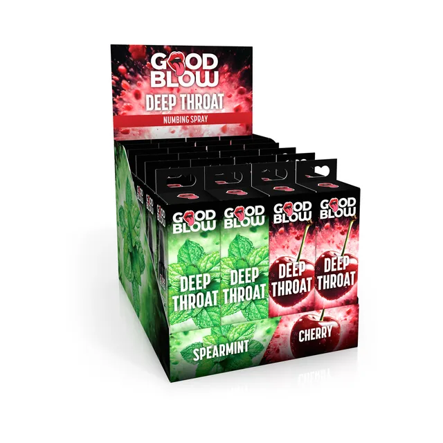 XR Brands Good Blow 24-piece oral spray carton front-right view with black boxed spray rows