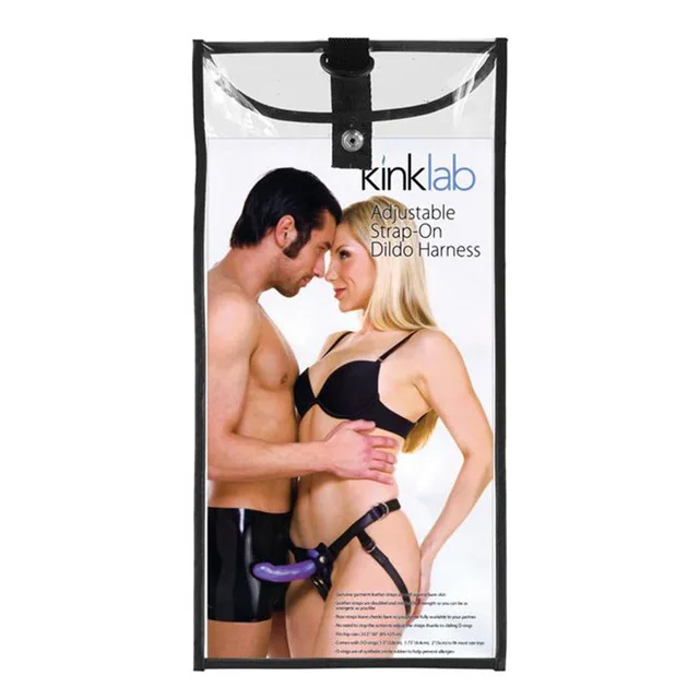 Kinklab black leather strap-on harness in clear retail pouch