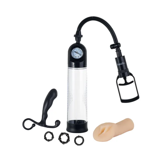 Adam & Eve Adam's Pleasure Kit for Him pump, rings, prostate tool and sleeve laid out