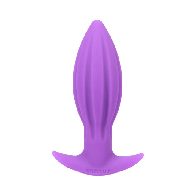 Front view of purple Tantus Juice with pointed grooved tip and curved base