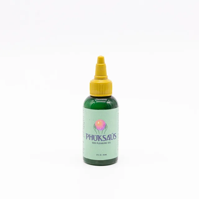 green Phuksaus CBD gel dropper bottle with yellow cap