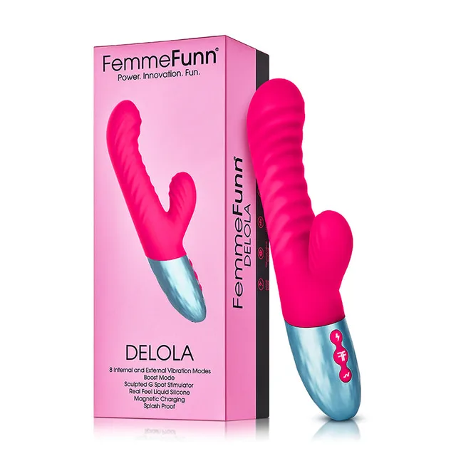Hot pink FemmeFunn Delola vibrator beside pink retail box