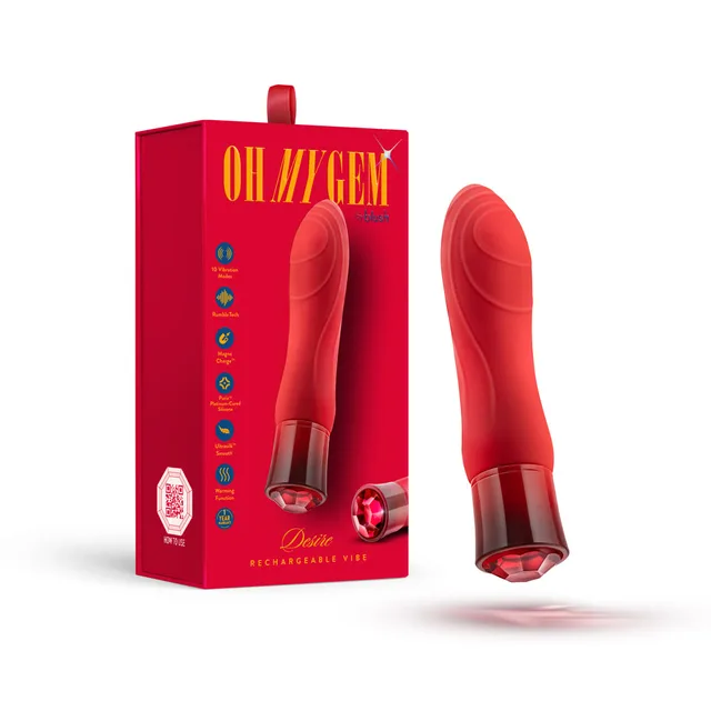 ruby-red Oh My Gem Desire vibrator with red retail box