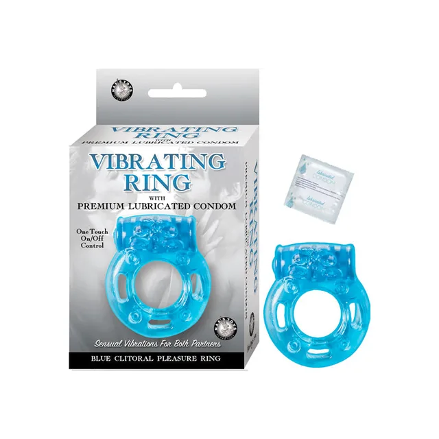 Nasstoys Blue Silicone Vibrating Ring beside white silver hanging retail card