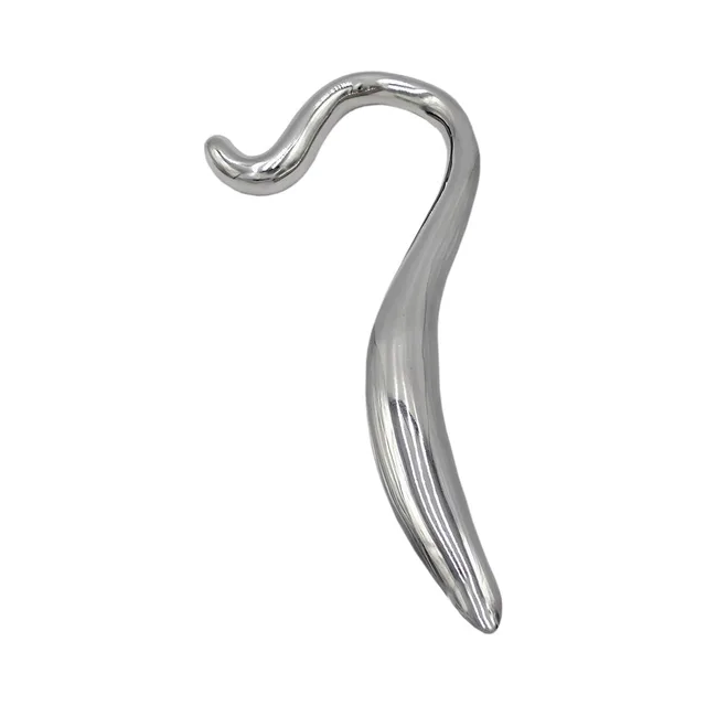 Silver hollow curved stainless steel wand with hooked tip