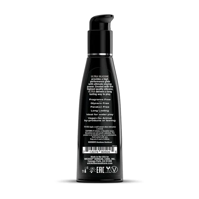 Wicked Ultra Silicone 4 oz tall black pump bottle back label