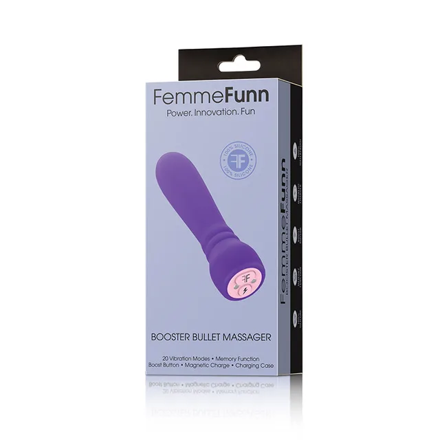 FemmeFunn Booster dark purple bullet vibrator inside lavender retail box