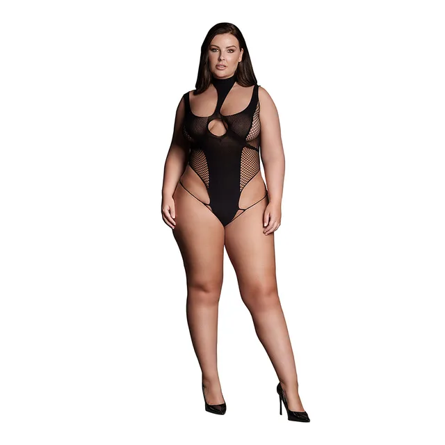 Front model view of black Cyllene cutout bodysuit