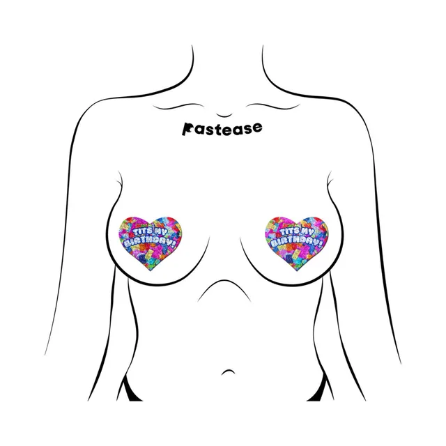 Pastease Tits My Birthday heart breast pasties front placement illustration on a torso outline