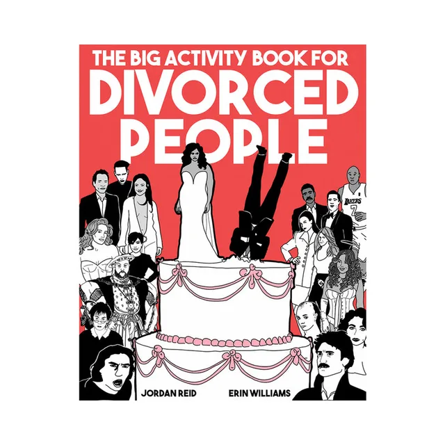 Big Activity Book for Divorced People cover with red title and black white wedding illustrations