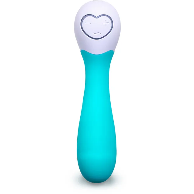 turquoise OhMiBod Cuddle Mini vibrator with white heart-shaped control button